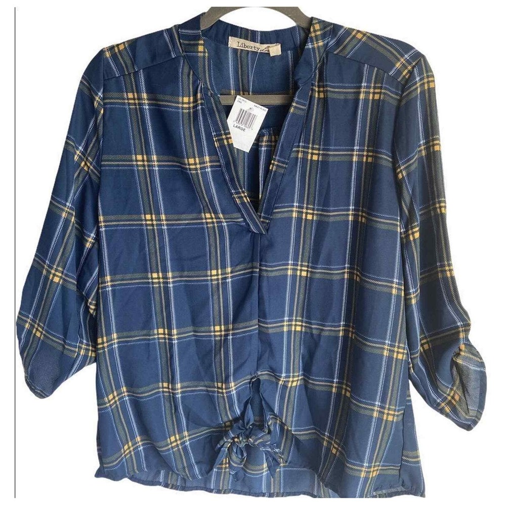 Liberty‎ Love Blue V Split Neck Plaid Long Sleeve Blouse Large